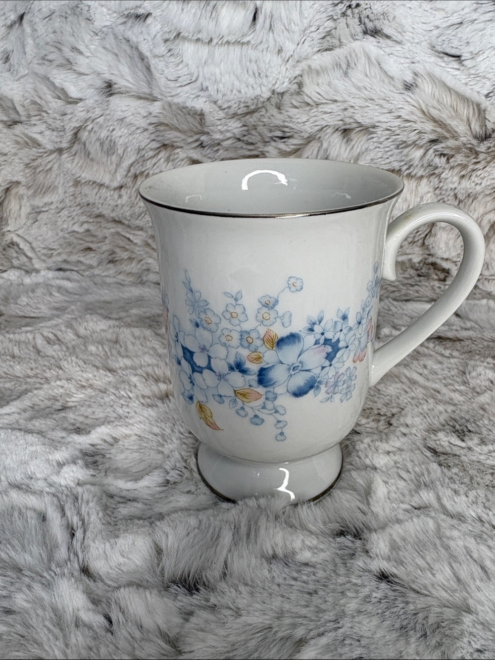 White Porcelain Floral Footed Mug - Blue Floral Accent. Blue Moon Fanci Florals